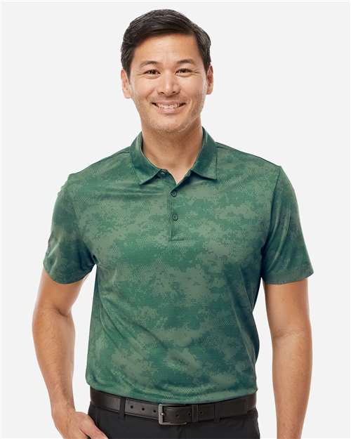 adidas A550 Men's All Over Camo Print Polo - Green Oxide - OnModelFront