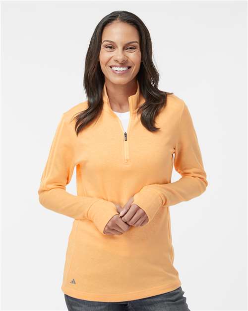 adidas A555 Women's 3-Stripes Quarter-Zip Sweater Pullover - Acid Orange Melange - OnModelFront