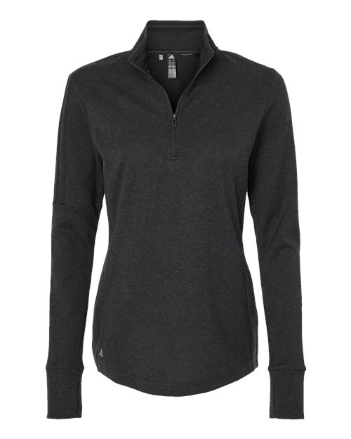 adidas A555 Women's 3-Stripes Quarter-Zip Sweater Pullover - Black Melange - Front
