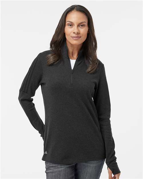 adidas A555 Women's 3-Stripes Quarter-Zip Sweater Pullover - Black Melange - OnModelFront