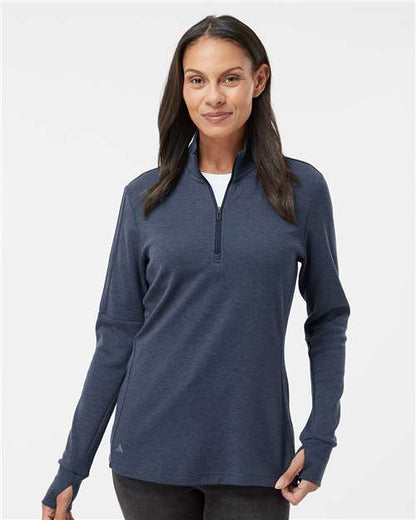 adidas A555 Women's 3-Stripes Quarter-Zip Sweater Pullover - Collegiate Navy Melange - OnModelFront