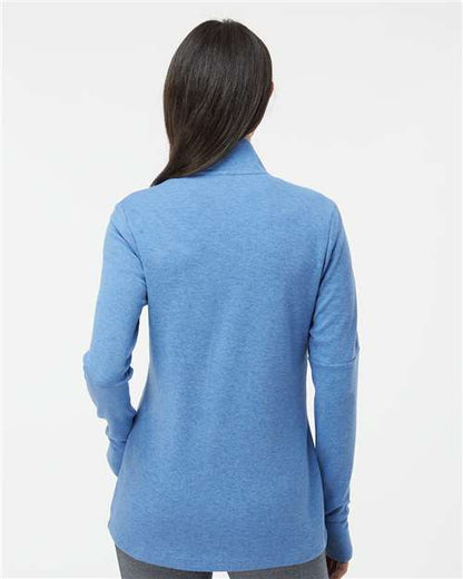 adidas A555 Women's 3-Stripes Quarter-Zip Sweater Pullover - Focus Blue Melange - OnModelBack