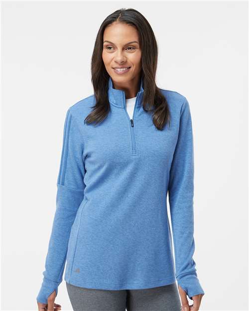 adidas A555 Women's 3-Stripes Quarter-Zip Sweater Pullover - Focus Blue Melange - OnModelFront