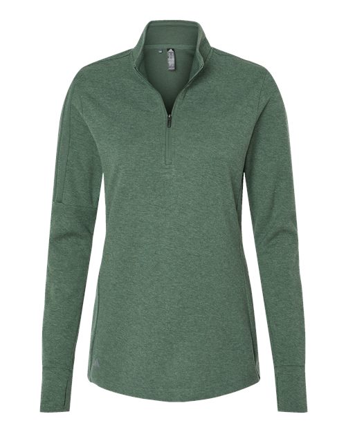 adidas A555 Women's 3-Stripes Quarter-Zip Sweater Pullover - Green Oxide Melange - Front