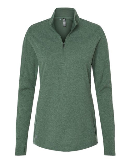 adidas A555 Women's 3-Stripes Quarter-Zip Sweater Pullover - Green Oxide Melange - Front