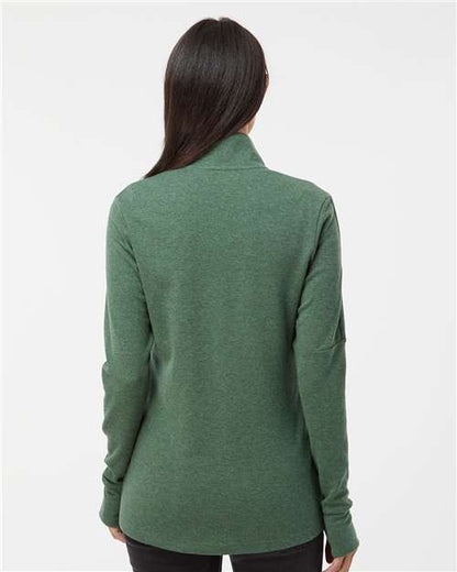 adidas A555 Women's 3-Stripes Quarter-Zip Sweater Pullover - Green Oxide Melange - OnModelBack