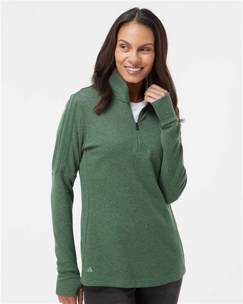 adidas A555 Women's 3-Stripes Quarter-Zip Sweater Pullover - Green Oxide Melange - OnModelFront