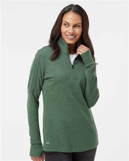 adidas A555 Women's 3-Stripes Quarter-Zip Sweater Pullover - Green Oxide Melange - OnModelFront
