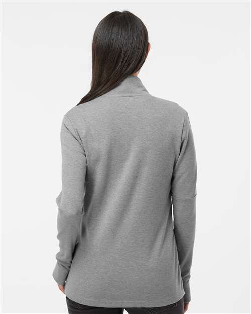 adidas A555 Women's 3-Stripes Quarter-Zip Sweater Pullover - Grey Three Melange - OnModelBack