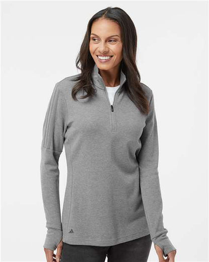 adidas A555 Women's 3-Stripes Quarter-Zip Sweater Pullover - Grey Three Melange - OnModelFront