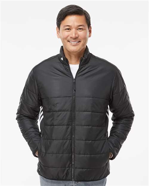 adidas A570 Men's 3-Stripes Puffer Full-Zip Jacket - Black - OnModelFront