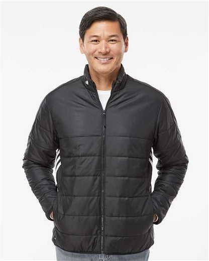 adidas A570 Men's 3-Stripes Puffer Full-Zip Jacket - Black - OnModelFront
