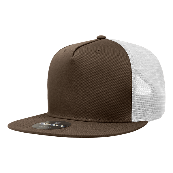 Decky-1040-5 Panel High Profile Structured Cotton Blend Trucker - Brown/White