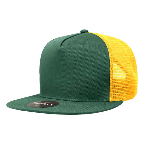 Decky-1040-5 Panel High Profile Structured Cotton Blend Trucker - Forest/Gold