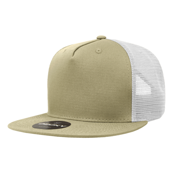 Decky-1040-5 Panel High Profile Structured Cotton Blend Trucker - Khaki/White