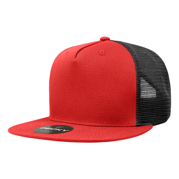 Decky-1040-5 Panel High Profile Structured Cotton Blend Trucker - Red/Black