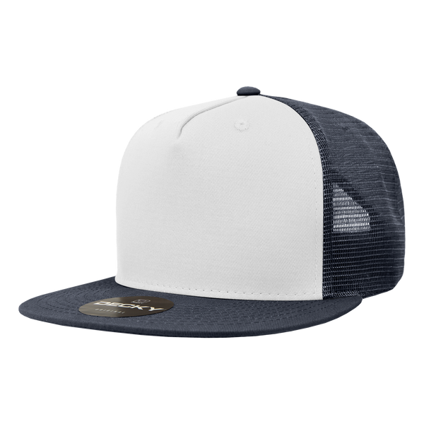 Decky-1040-5 Panel High Profile Structured Cotton Blend Trucker - Navy/White/Navy