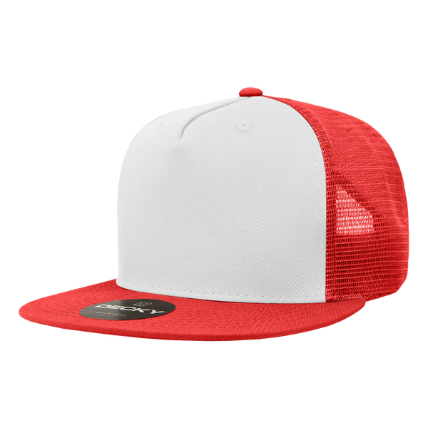 Decky-1040-5 Panel High Profile Structured Cotton Blend Trucker - Red/White/Red