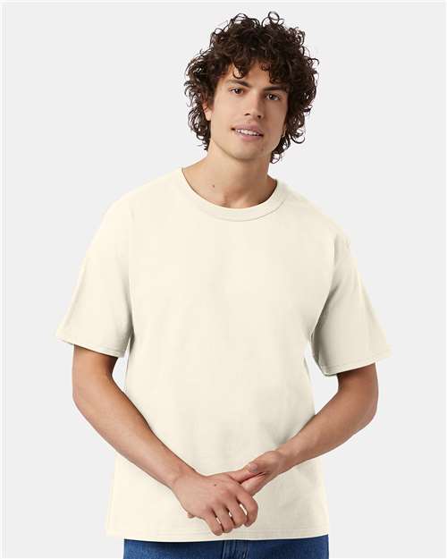 Champion T105 Unisex Heritage Jersey T-Shirt - Natural - OnModelFront