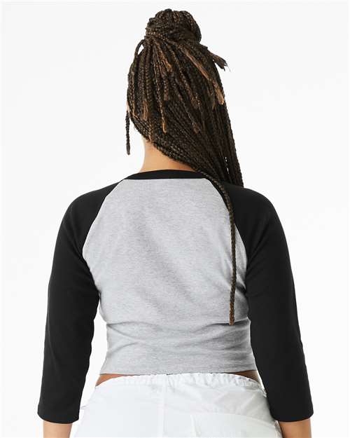 BELLA+CANVAS 1200 Women's Micro Rib Three-Quarter Raglan Sleeve Baby Tee - Athletic Heather/ Black - OnModelBack