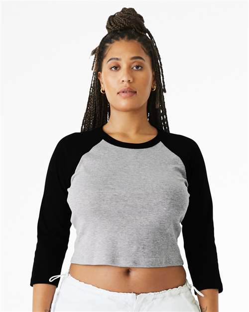 BELLA+CANVAS 1200 Women's Micro Rib Three-Quarter Raglan Sleeve Baby Tee - Athletic Heather/ Black - OnModelFront
