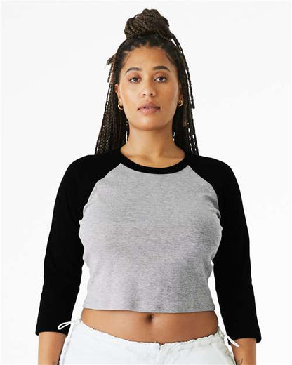 BELLA+CANVAS 1200 Women's Micro Rib Three-Quarter Raglan Sleeve Baby Tee - Athletic Heather/ Black - OnModelFront
