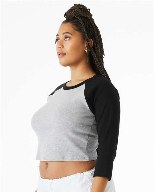 BELLA+CANVAS 1200 Women's Micro Rib Three-Quarter Raglan Sleeve Baby Tee - Athletic Heather/ Black - OnModelSide