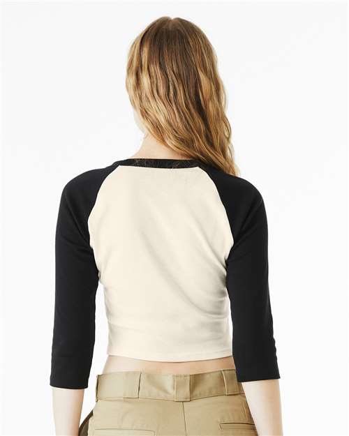 BELLA+CANVAS 1200 Women's Micro Rib Three-Quarter Raglan Sleeve Baby Tee - Natural/ Black - OnModelBack