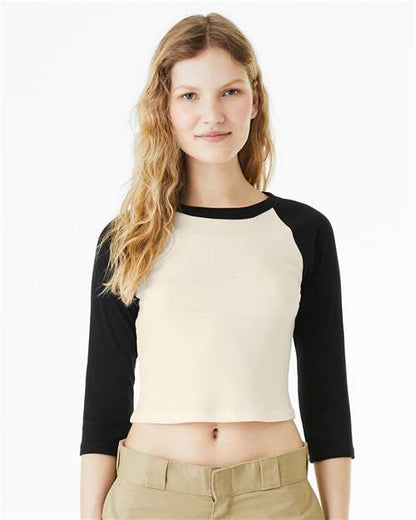 BELLA+CANVAS 1200 Women's Micro Rib Three-Quarter Raglan Sleeve Baby Tee - Natural/ Black - OnModelFront