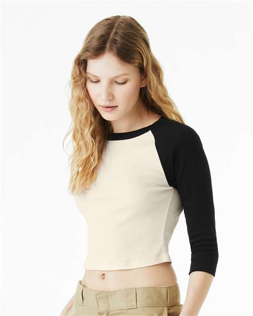 BELLA+CANVAS 1200 Women's Micro Rib Three-Quarter Raglan Sleeve Baby Tee - Natural/ Black - OnModelSide