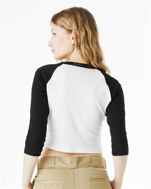 BELLA+CANVAS 1200 Women's Micro Rib Three-Quarter Raglan Sleeve Baby Tee - White/ Black - OnModelBack