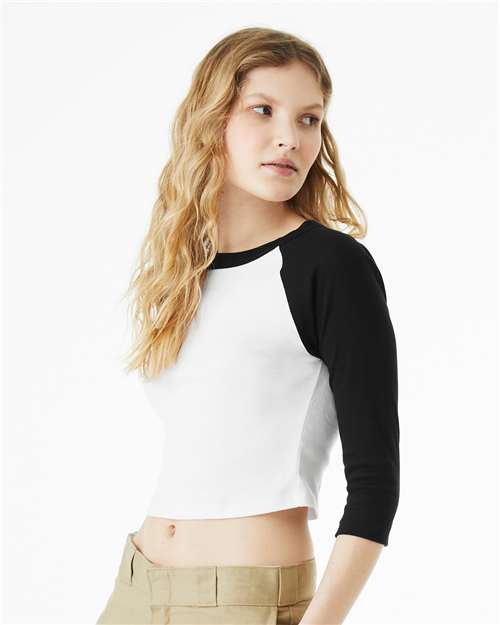 BELLA+CANVAS 1200 Women's Micro Rib Three-Quarter Raglan Sleeve Baby Tee - White/ Black - OnModelSide