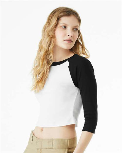 BELLA+CANVAS 1200 Women's Micro Rib Three-Quarter Raglan Sleeve Baby Tee - White/ Black - OnModelSide