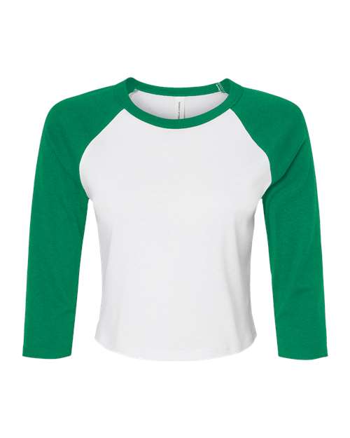 BELLA+CANVAS 1200 Women's Micro Rib Three-Quarter Raglan Sleeve Baby Tee - White/ Kelly - Front