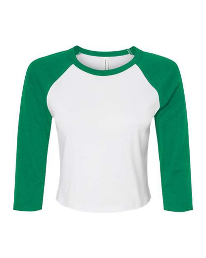 BELLA+CANVAS 1200 Women's Micro Rib Three-Quarter Raglan Sleeve Baby Tee - White/ Kelly - Front