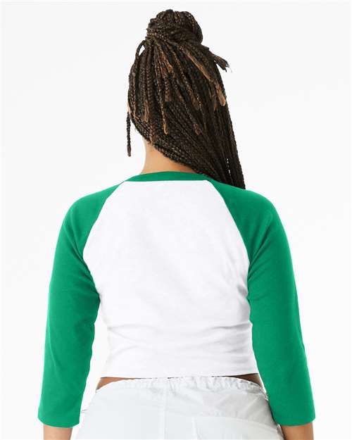 BELLA+CANVAS 1200 Women's Micro Rib Three-Quarter Raglan Sleeve Baby Tee - White/ Kelly - OnModelBack