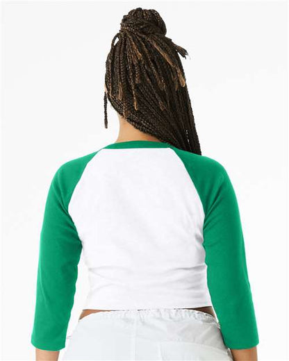 BELLA+CANVAS 1200 Women's Micro Rib Three-Quarter Raglan Sleeve Baby Tee - White/ Kelly - OnModelBack