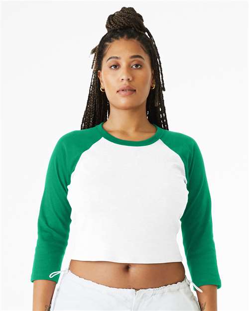 BELLA+CANVAS 1200 Women's Micro Rib Three-Quarter Raglan Sleeve Baby Tee - White/ Kelly - OnModelFront