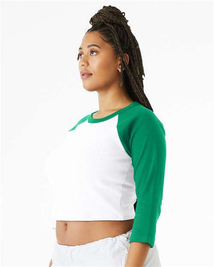 BELLA+CANVAS 1200 Women's Micro Rib Three-Quarter Raglan Sleeve Baby Tee - White/ Kelly - OnModelSide