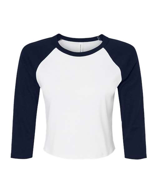 BELLA+CANVAS 1200 Women's Micro Rib Three-Quarter Raglan Sleeve Baby Tee - White/ Navy - Front