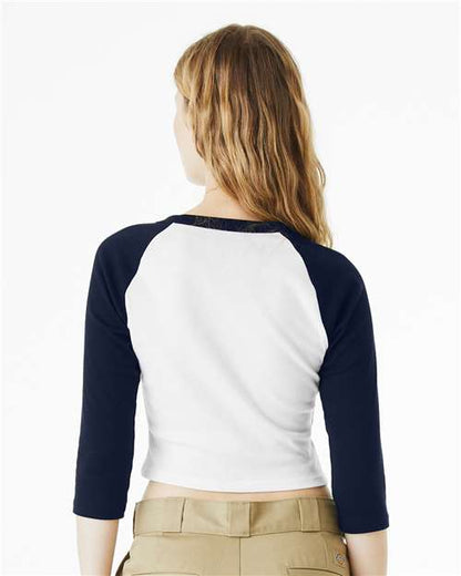 BELLA+CANVAS 1200 Women's Micro Rib Three-Quarter Raglan Sleeve Baby Tee - White/ Navy - OnModelBack