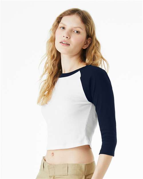 BELLA+CANVAS 1200 Women's Micro Rib Three-Quarter Raglan Sleeve Baby Tee - White/ Navy - OnModelSide