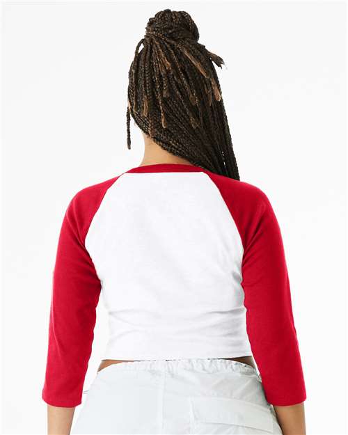 BELLA+CANVAS 1200 Women's Micro Rib Three-Quarter Raglan Sleeve Baby Tee - White/ Red - OnModelBack