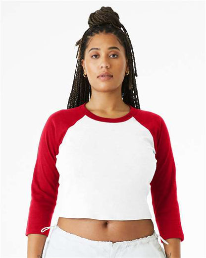 BELLA+CANVAS 1200 Women's Micro Rib Three-Quarter Raglan Sleeve Baby Tee - White/ Red - OnModelFront