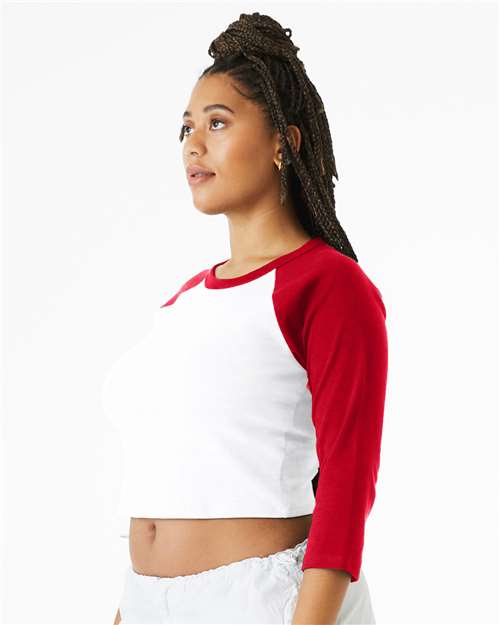 BELLA+CANVAS 1200 Women's Micro Rib Three-Quarter Raglan Sleeve Baby Tee - White/ Red - OnModelSide