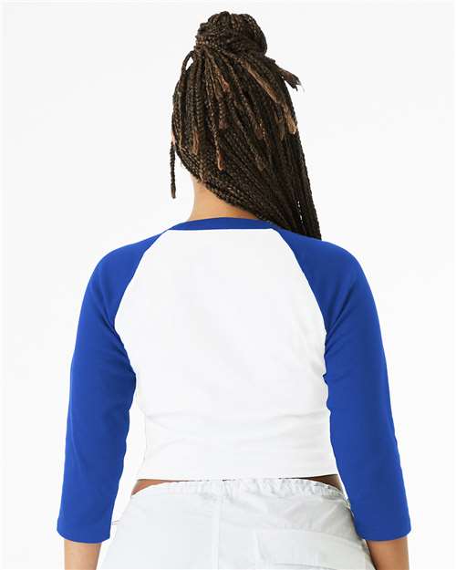 BELLA+CANVAS 1200 Women's Micro Rib Three-Quarter Raglan Sleeve Baby Tee - White/ True Royal - OnModelBack