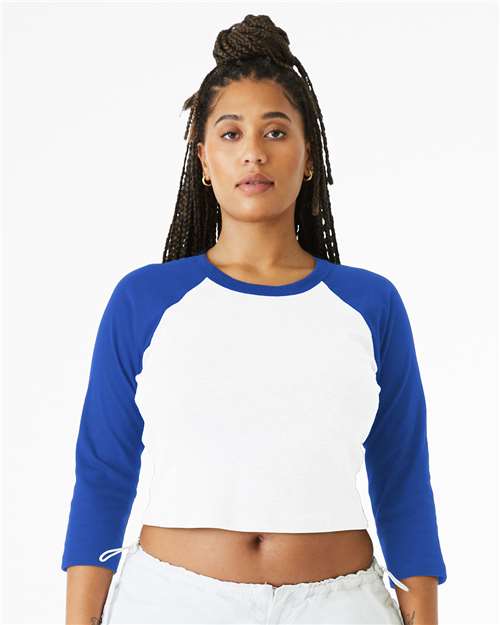BELLA+CANVAS 1200 Women's Micro Rib Three-Quarter Raglan Sleeve Baby Tee - White/ True Royal - OnModelFront