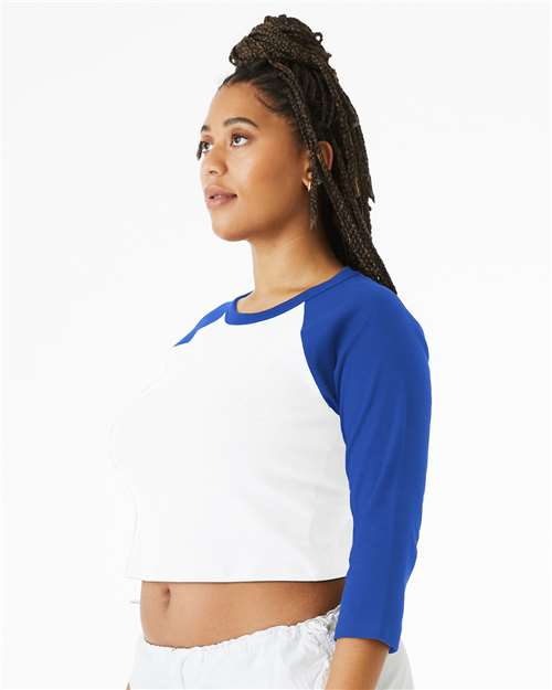 BELLA+CANVAS 1200 Women's Micro Rib Three-Quarter Raglan Sleeve Baby Tee - White/ True Royal - OnModelSide