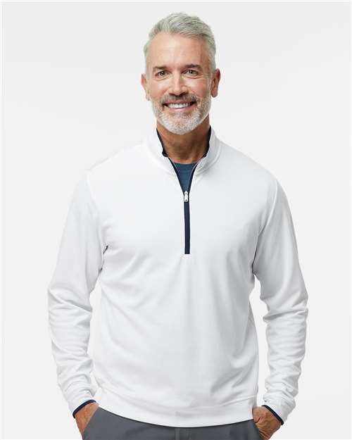 adidas A2002 Men's Performance Lightweight Quarter-Zip Pullover - White/ Navy - OnModelFront