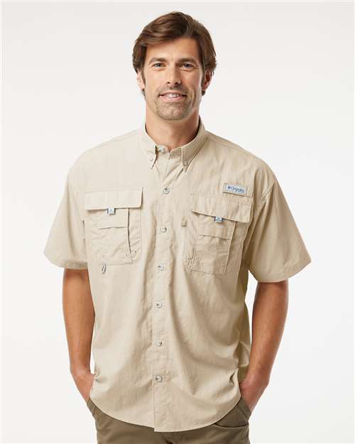 Columbia 212464 Men's PFG Bahama™ II Short Sleeve Shirt - Fossil - OnModelFront